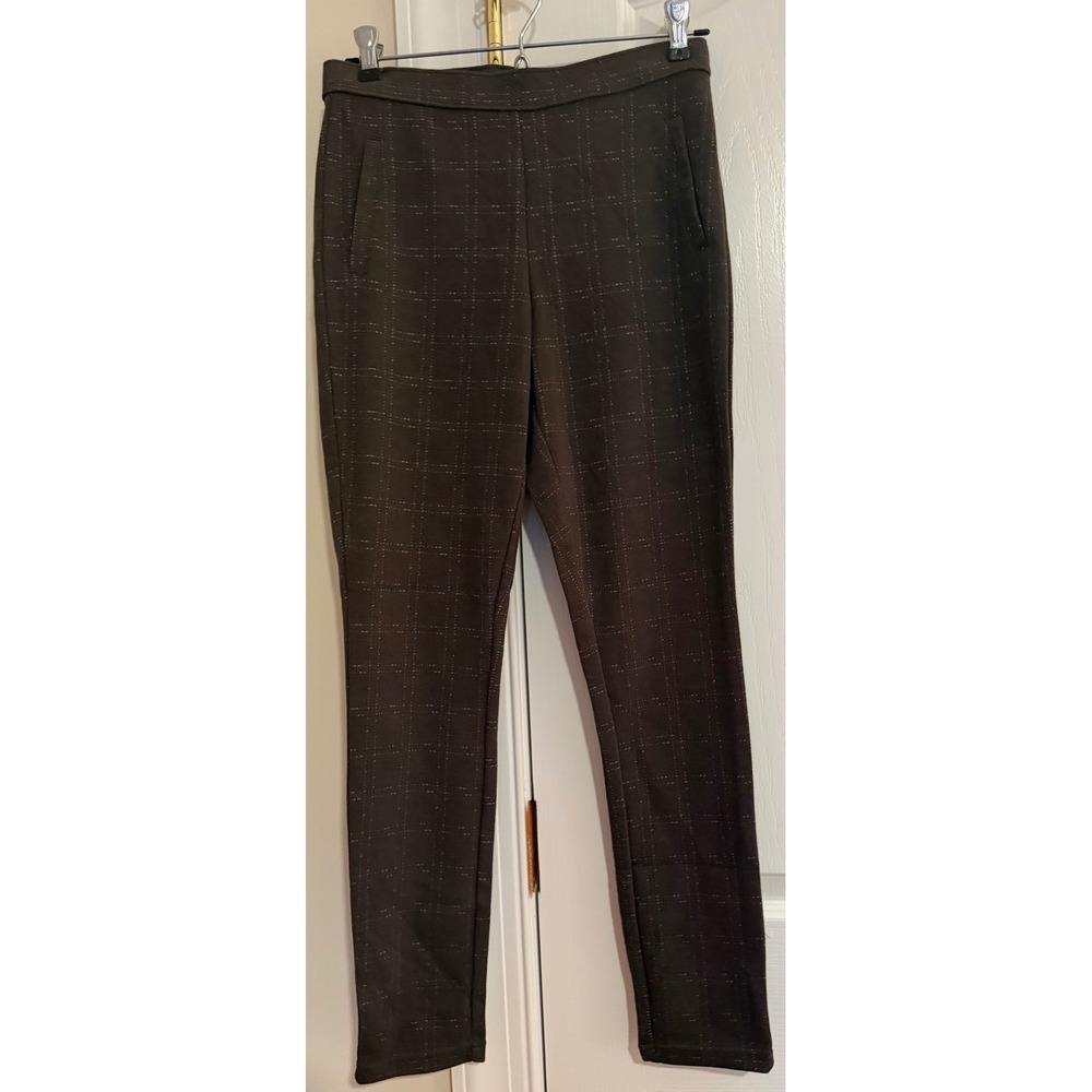 Hue Windowpane Loafer Skimmer Pants Thunder Gray Plaid Metallic Silver Small